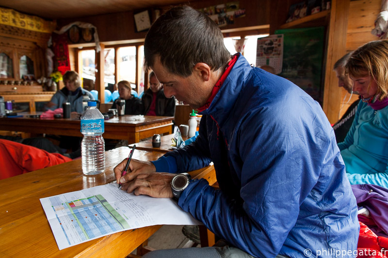 Philippe looking at options while waiting at Kyanjing Gompa, Langtang (© R. Bull)